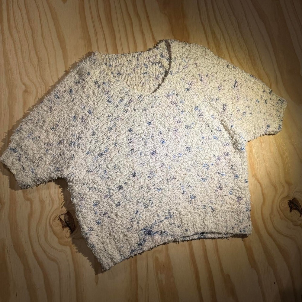 Petite Womens Cream Confetti Textured Cotton Knit Short Sleeve Sweater